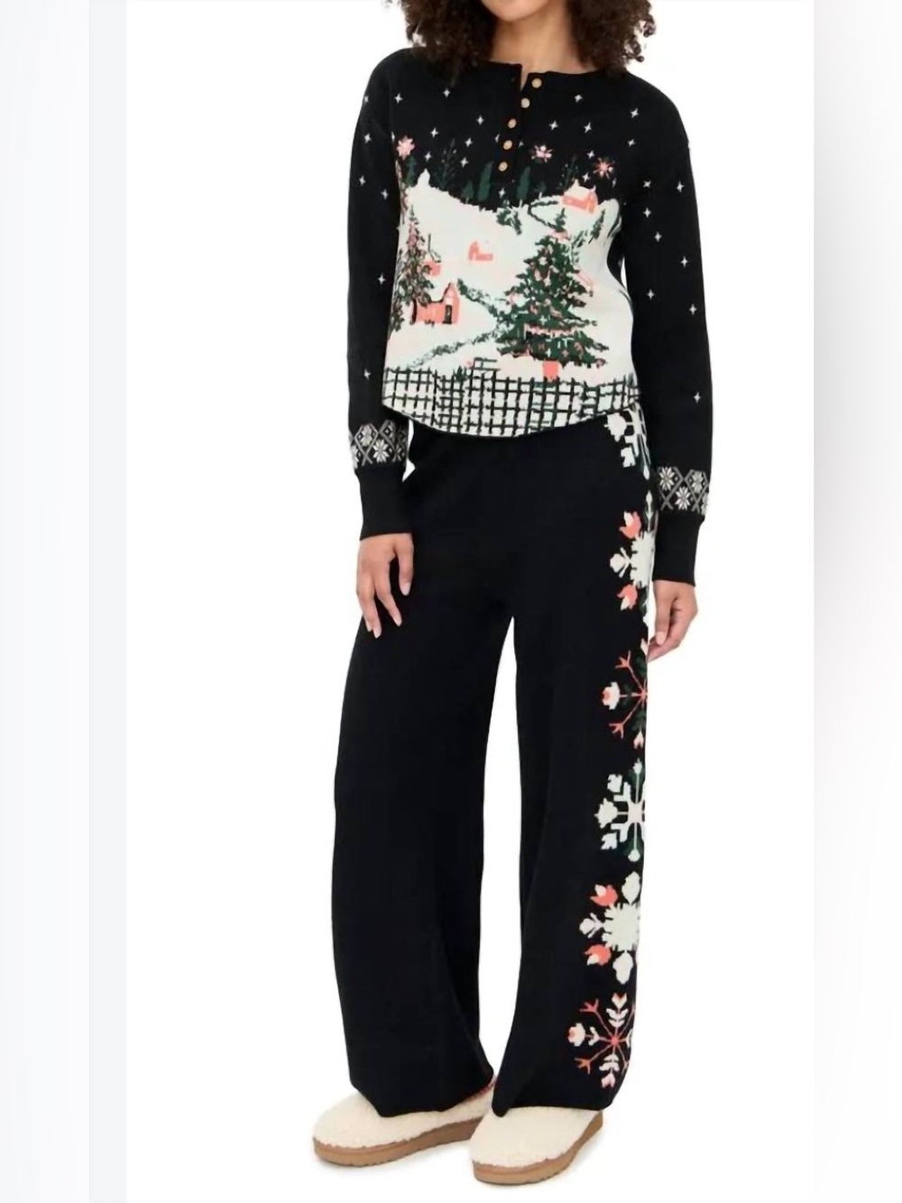 NWT Free People Christmas Sweatshirt Pajama Set Winter Village Blue Henley L